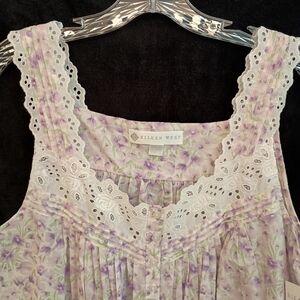 NWT Eileen West Sleeveless Short Nightgown L Gown White Purple Cotton Lawn